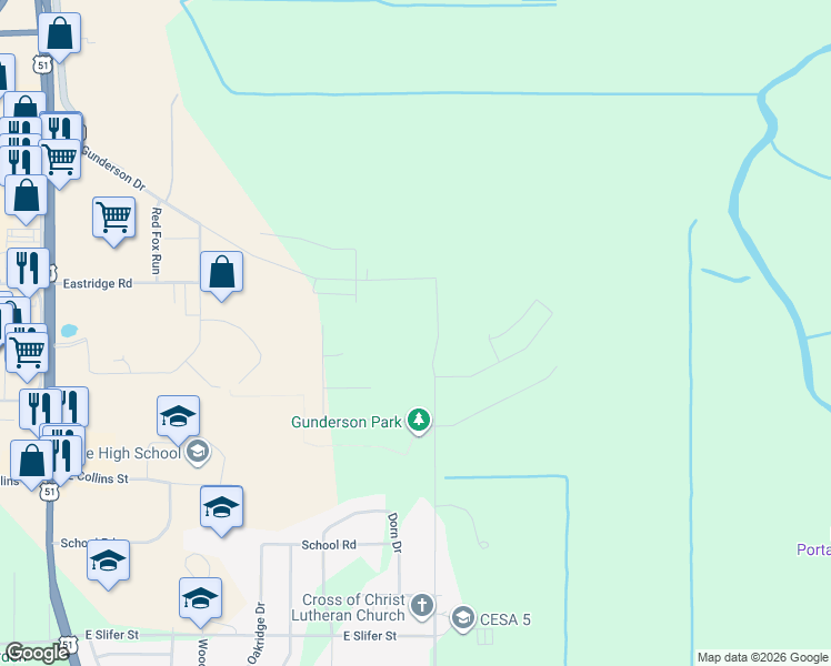 map of restaurants, bars, coffee shops, grocery stores, and more near 611 Morning Star Drive in Portage