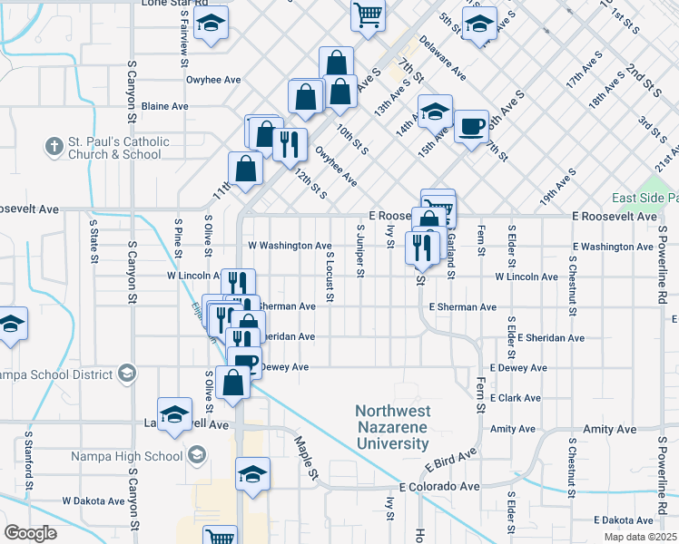 map of restaurants, bars, coffee shops, grocery stores, and more near 320 South Locust Street in Nampa