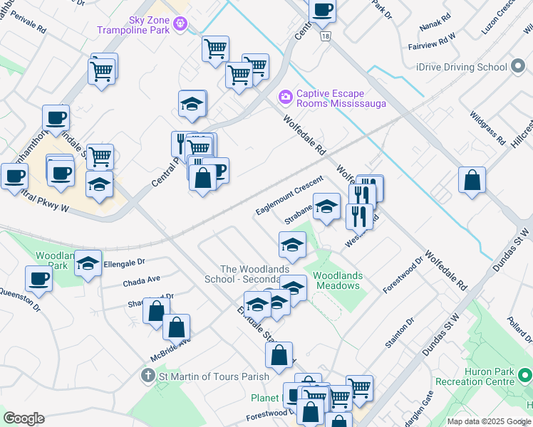 map of restaurants, bars, coffee shops, grocery stores, and more near 657 Eaglemount Crescent in Mississauga