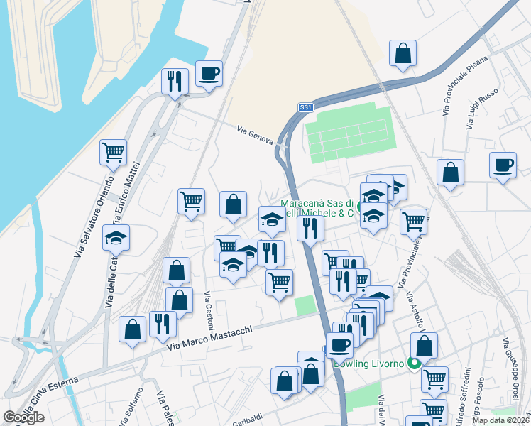map of restaurants, bars, coffee shops, grocery stores, and more near 37 Via Fratelli Bandiera in Livorno