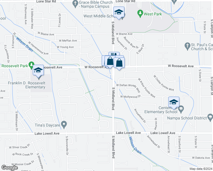 map of restaurants, bars, coffee shops, grocery stores, and more near 261 Walnut Creek Way in Nampa