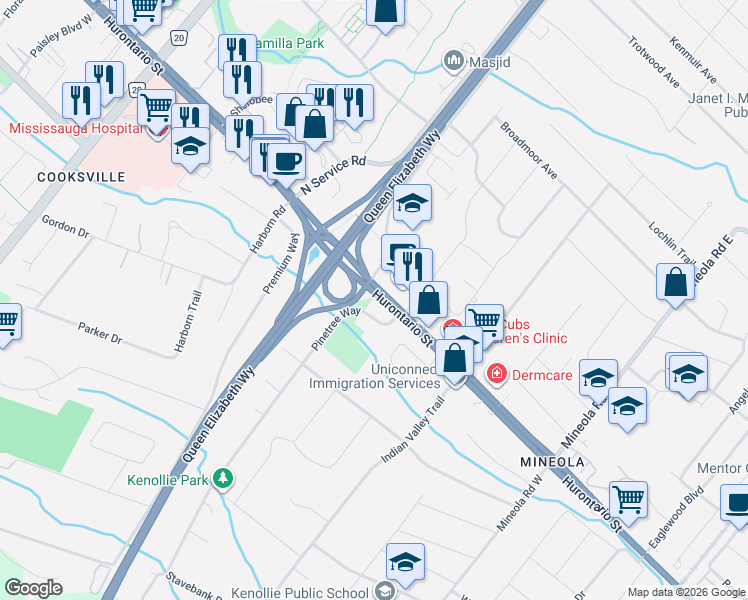 map of restaurants, bars, coffee shops, grocery stores, and more near 92 Pinetree Way in Mississauga