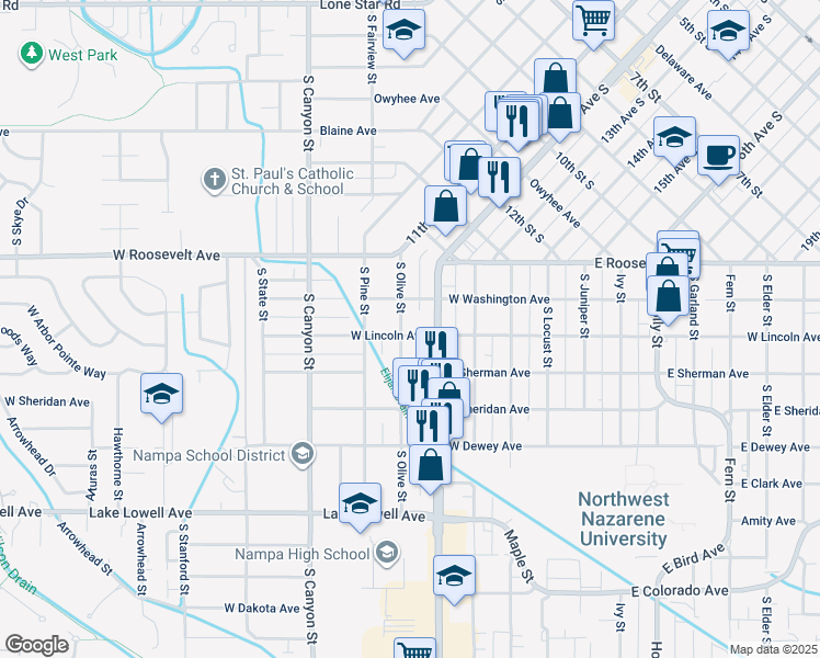 map of restaurants, bars, coffee shops, grocery stores, and more near 224 South Olive Street in Nampa