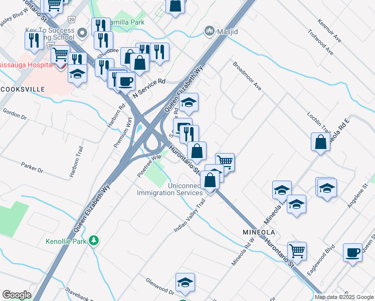 map of restaurants, bars, coffee shops, grocery stores, and more near 1575 Hurontario Street in Mississauga