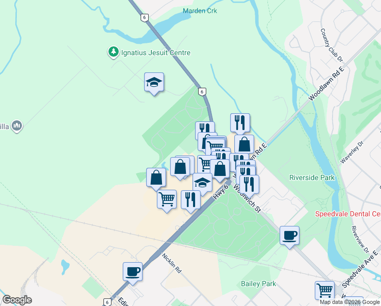 map of restaurants, bars, coffee shops, grocery stores, and more near 824 Woolwich Street in Guelph