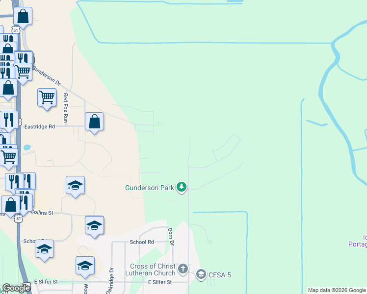 map of restaurants, bars, coffee shops, grocery stores, and more near 624 Grove Street in Portage