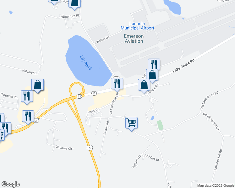 map of restaurants, bars, coffee shops, grocery stores, and more near 9 Old Lake Shore Road in Gilford