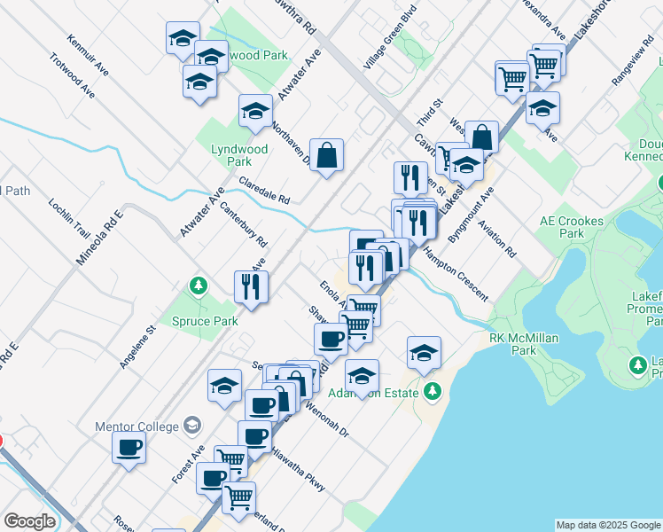 map of restaurants, bars, coffee shops, grocery stores, and more near 1107 Enola Avenue in Mississauga