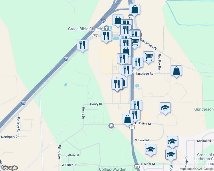 map of restaurants, bars, coffee shops, grocery stores, and more near 2876 Village Road in Portage