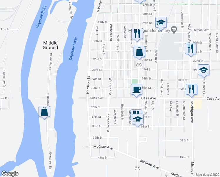 map of restaurants, bars, coffee shops, grocery stores, and more near 1402 Webster Street in Bay City