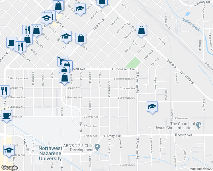 map of restaurants, bars, coffee shops, grocery stores, and more near 219 South Chestnut Street in Nampa