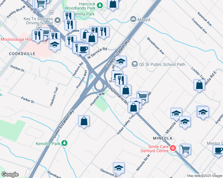 map of restaurants, bars, coffee shops, grocery stores, and more near 1775 Hurontario Street in Mississauga