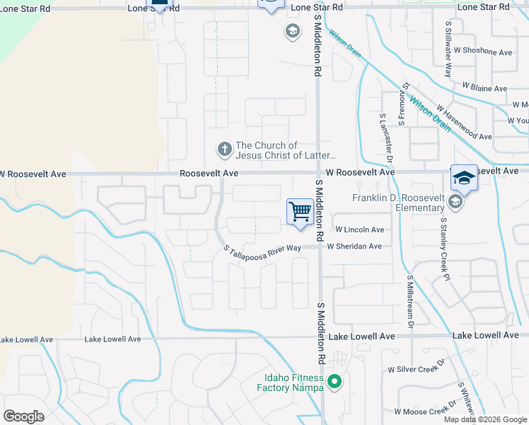 map of restaurants, bars, coffee shops, grocery stores, and more near 11231 Silver River Loop in Nampa