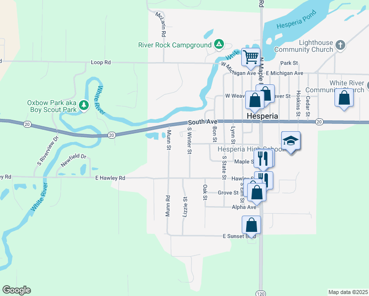 map of restaurants, bars, coffee shops, grocery stores, and more near 23 South Winter Street in Hesperia