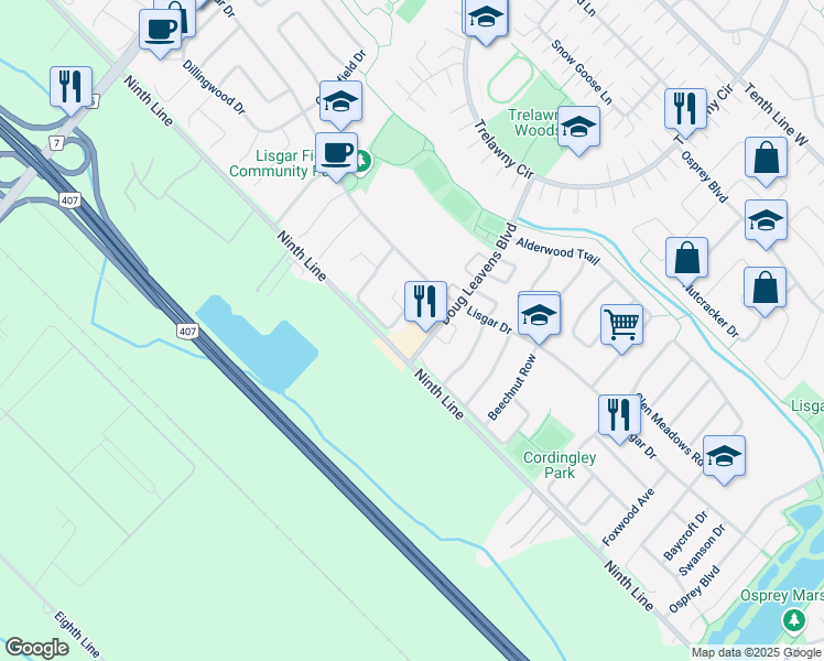 map of restaurants, bars, coffee shops, grocery stores, and more near 3945 Doug Leavens Boulevard in Mississauga
