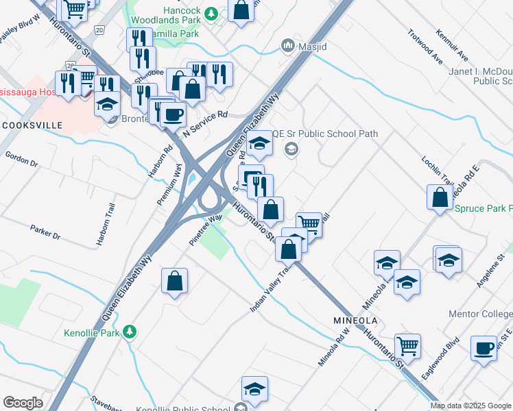 map of restaurants, bars, coffee shops, grocery stores, and more near 1575 Hurontario Street in Mississauga