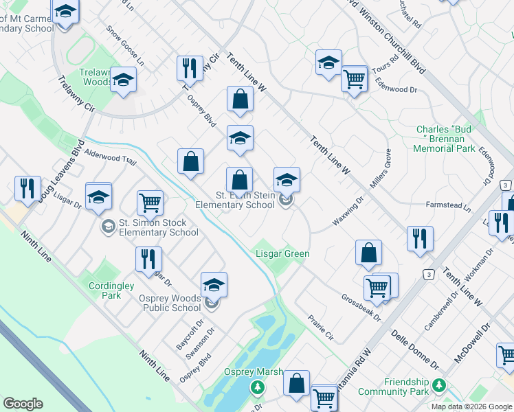 map of restaurants, bars, coffee shops, grocery stores, and more near in Mississauga