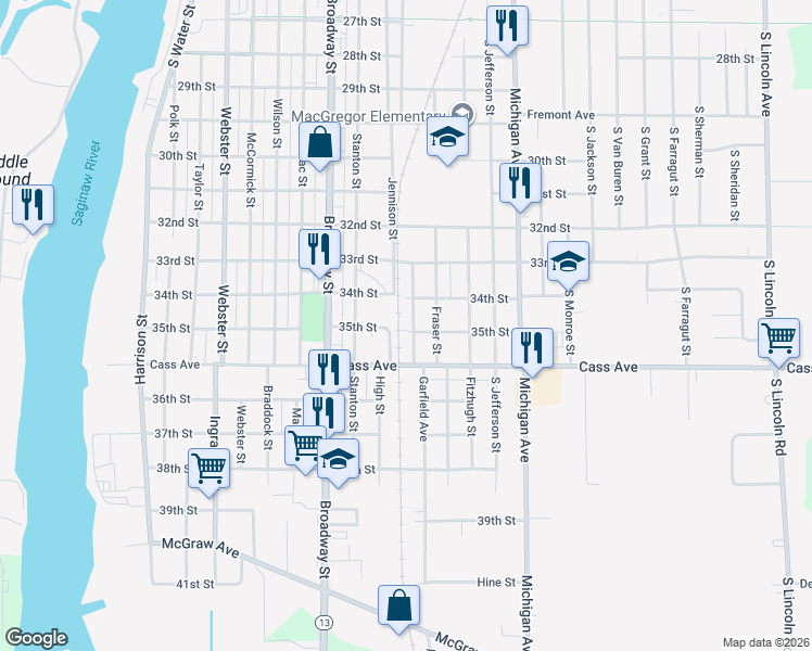 map of restaurants, bars, coffee shops, grocery stores, and more near 2408 Garfield Avenue in Bay City