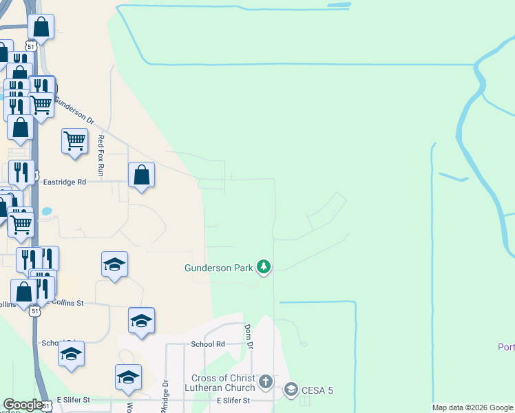 map of restaurants, bars, coffee shops, grocery stores, and more near 624 Grove Street in Portage