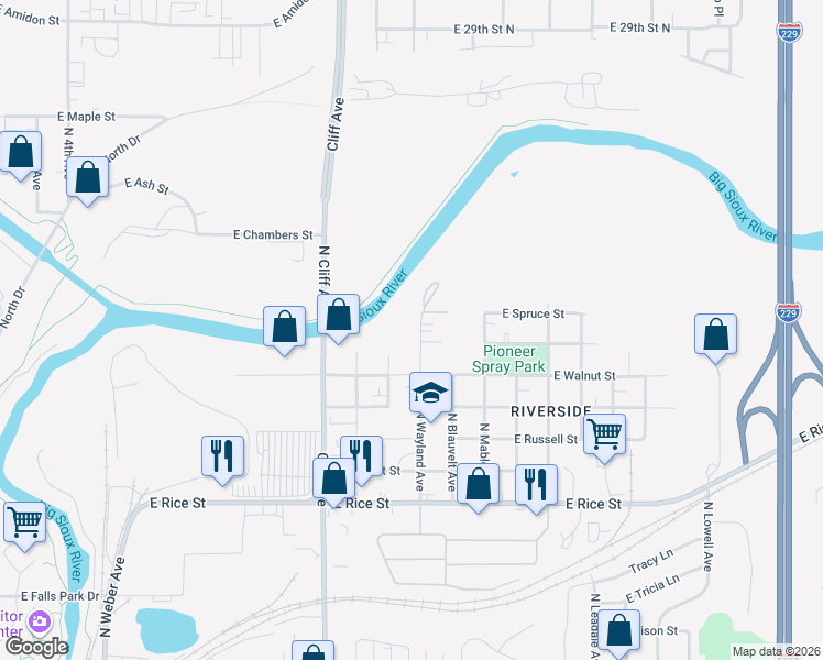 map of restaurants, bars, coffee shops, grocery stores, and more near 2011-2099 N Wayland Ave in Sioux Falls