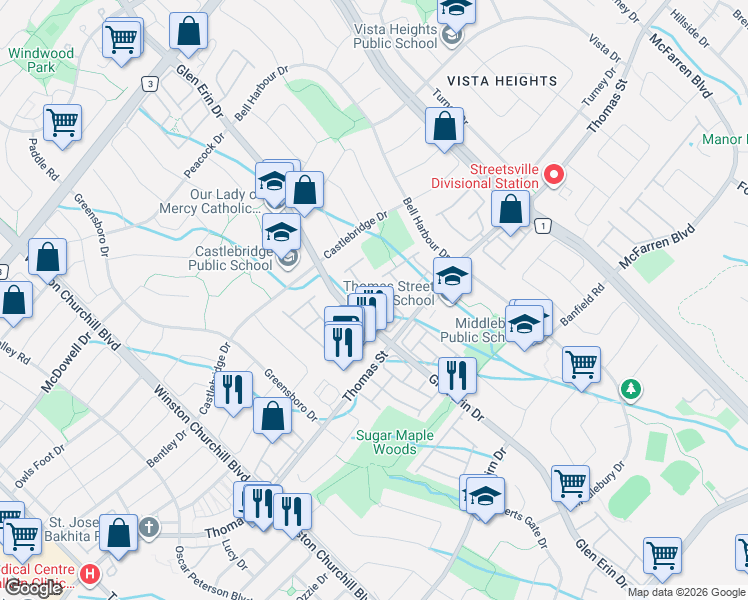 map of restaurants, bars, coffee shops, grocery stores, and more near 5659 Glen Erin Drive in Mississauga