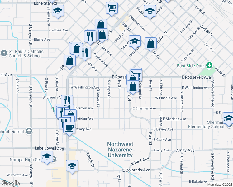 map of restaurants, bars, coffee shops, grocery stores, and more near 215 Ivy Street in Nampa