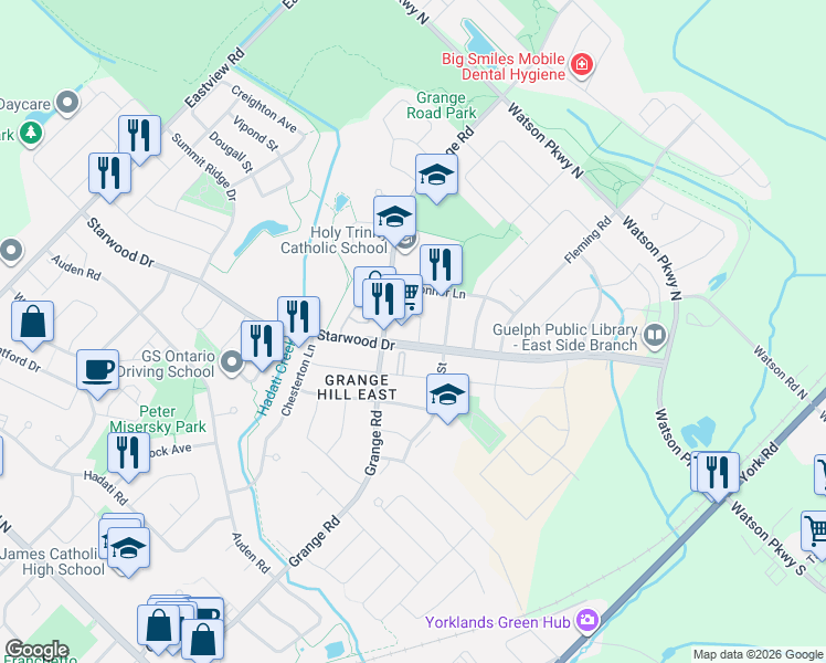 map of restaurants, bars, coffee shops, grocery stores, and more near 8 Ralston Drive in Guelph