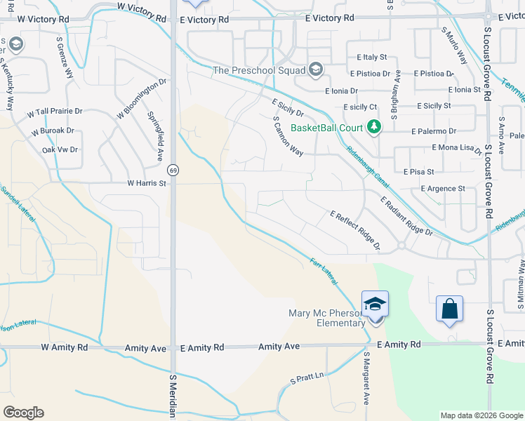 map of restaurants, bars, coffee shops, grocery stores, and more near 485 East Radiant Ridge Street in Meridian
