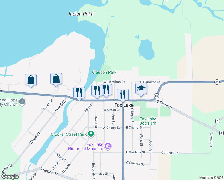 map of restaurants, bars, coffee shops, grocery stores, and more near 117 Center Street in Fox Lake