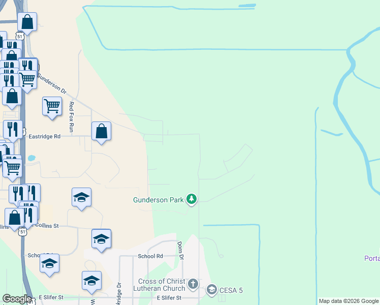 map of restaurants, bars, coffee shops, grocery stores, and more near 624 Grove Street in Portage