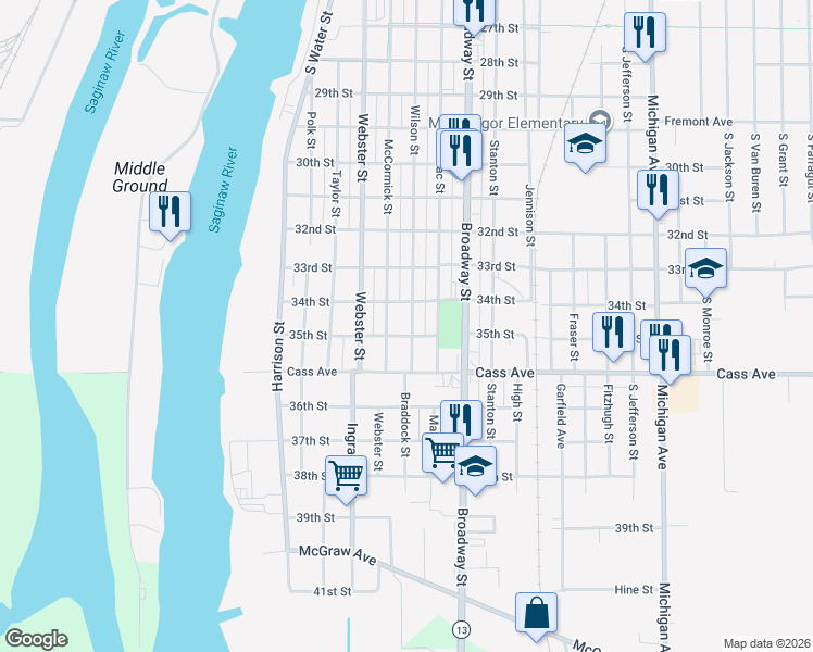 map of restaurants, bars, coffee shops, grocery stores, and more near 1403 McCormick Street in Bay City
