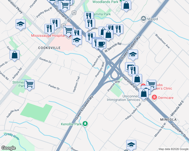 map of restaurants, bars, coffee shops, grocery stores, and more near 71 Premium Way in Mississauga