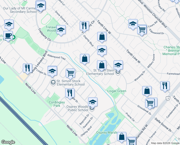 map of restaurants, bars, coffee shops, grocery stores, and more near 3477 Nutcracker Drive in Mississauga