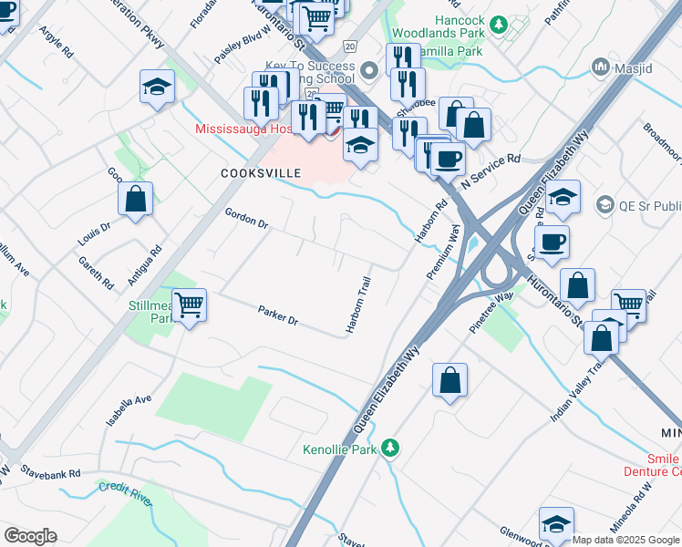 map of restaurants, bars, coffee shops, grocery stores, and more near 2122 Gordon Drive in Mississauga