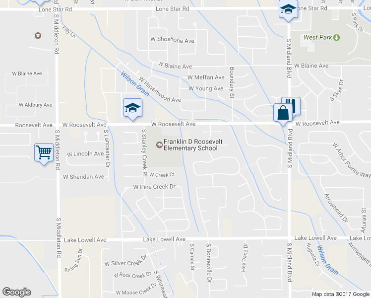 map of restaurants, bars, coffee shops, grocery stores, and more near 1626 Thorn Creek Court in Nampa