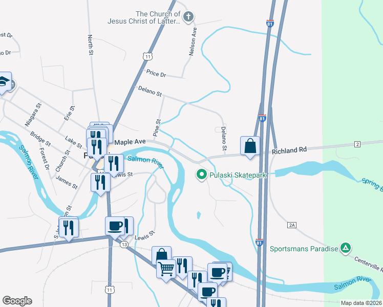 map of restaurants, bars, coffee shops, grocery stores, and more near 3384 Maple Avenue in Pulaski