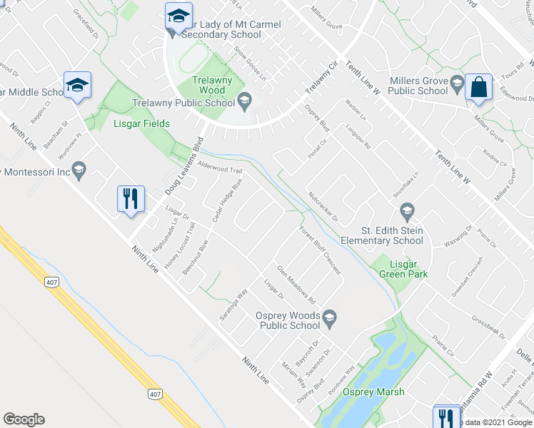 map of restaurants, bars, coffee shops, grocery stores, and more near 3808 Periwinkle Crescent in Mississauga