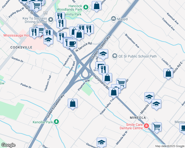 map of restaurants, bars, coffee shops, grocery stores, and more near 1775 Hurontario Street in Mississauga