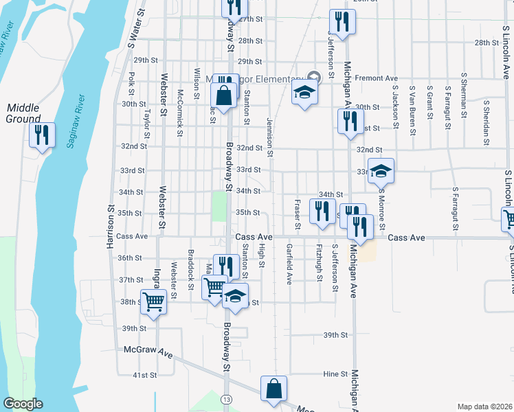 map of restaurants, bars, coffee shops, grocery stores, and more near 1004 34th Street in Bay City