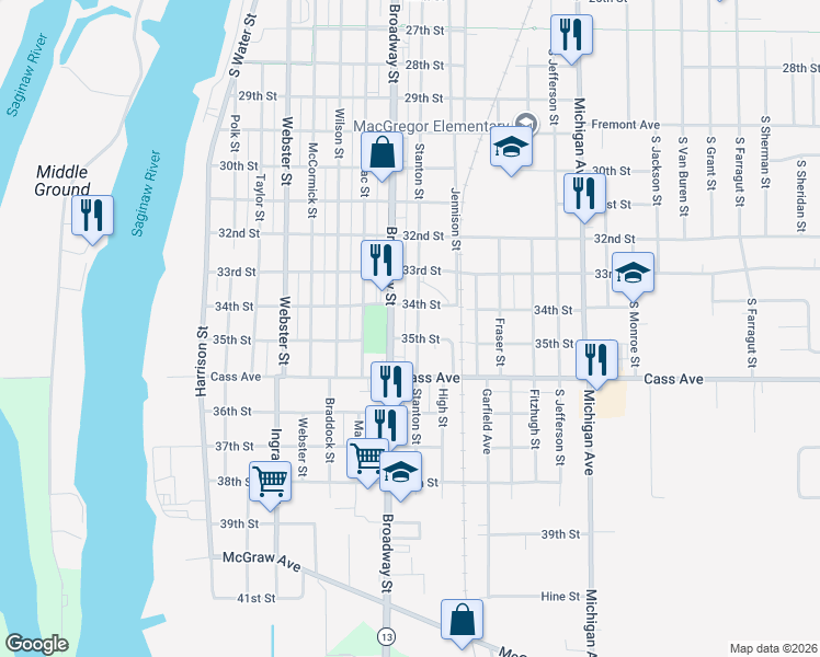 map of restaurants, bars, coffee shops, grocery stores, and more near 2109 Broadway Street in Bay City