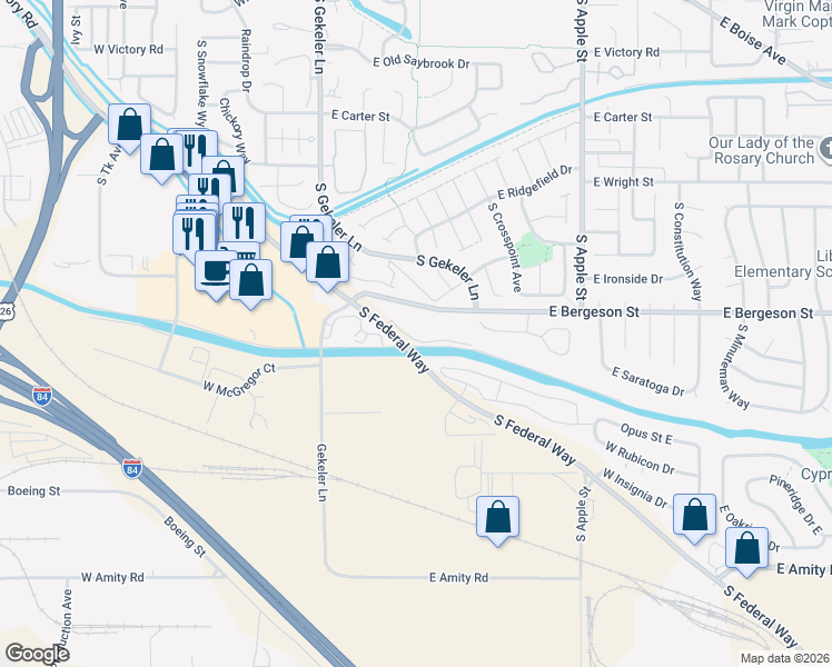 map of restaurants, bars, coffee shops, grocery stores, and more near 386 East Lake Rim Lane in Boise