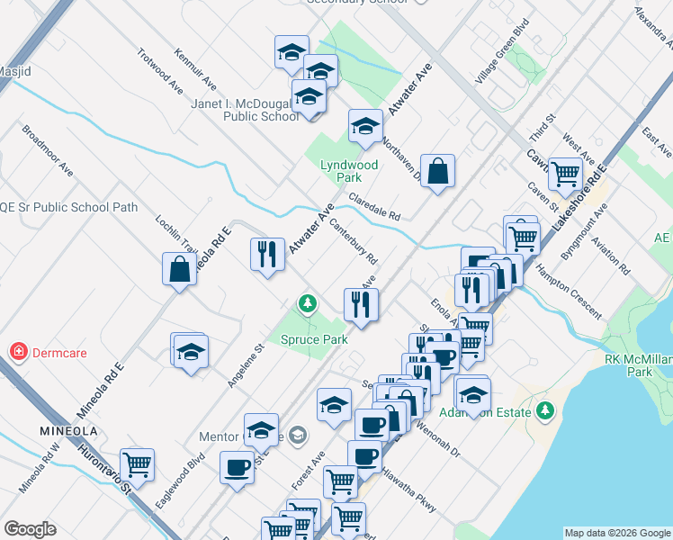 map of restaurants, bars, coffee shops, grocery stores, and more near 381 Niar Avenue in Mississauga
