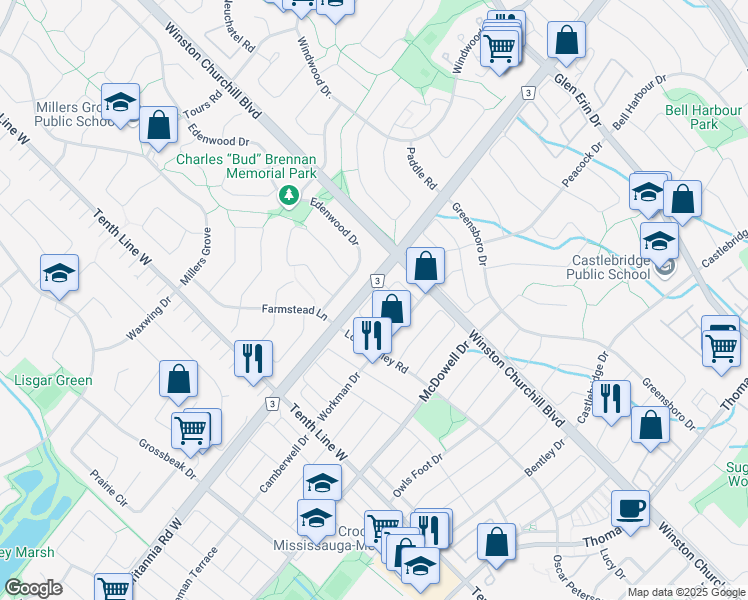 map of restaurants, bars, coffee shops, grocery stores, and more near 5932 Shelford Terrace in Mississauga