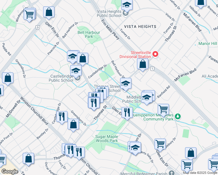 map of restaurants, bars, coffee shops, grocery stores, and more near 5625 Glen Erin Drive in Mississauga