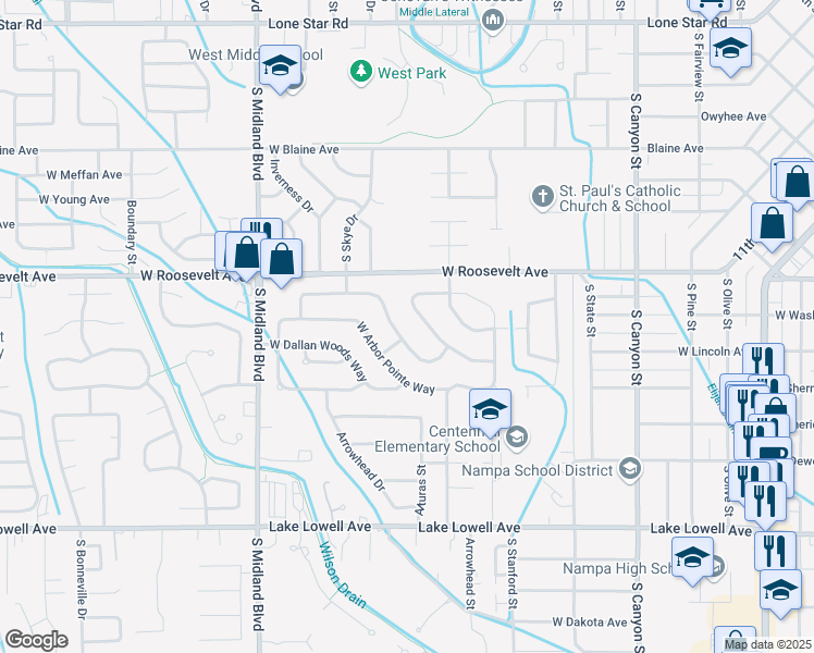 map of restaurants, bars, coffee shops, grocery stores, and more near 746 West Heather Woods Drive in Nampa