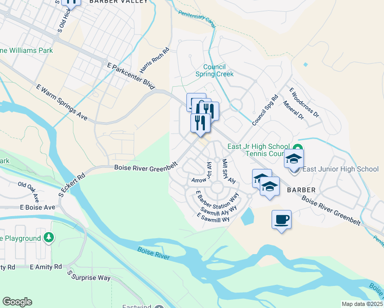 map of restaurants, bars, coffee shops, grocery stores, and more near 4922 East Woodcutter Drive in Boise