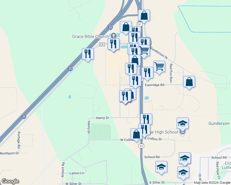 map of restaurants, bars, coffee shops, grocery stores, and more near 2876 Village Road in Portage