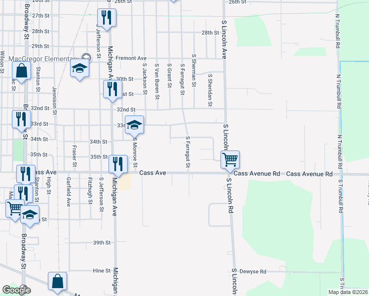 map of restaurants, bars, coffee shops, grocery stores, and more near 2304 South Farragut Street in Bay City
