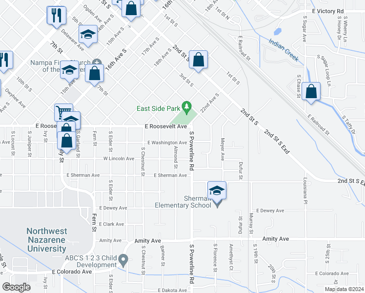 map of restaurants, bars, coffee shops, grocery stores, and more near 1411 East Washington Avenue in Nampa