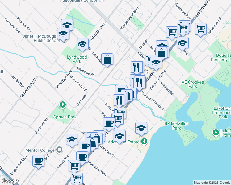 map of restaurants, bars, coffee shops, grocery stores, and more near 1063 Douglas McCurdy Common in Mississauga